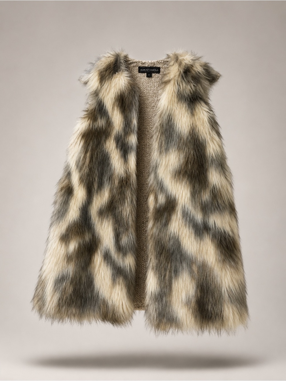 Almost Famous Faux Fur Long Vest in Cream and Brown Multi